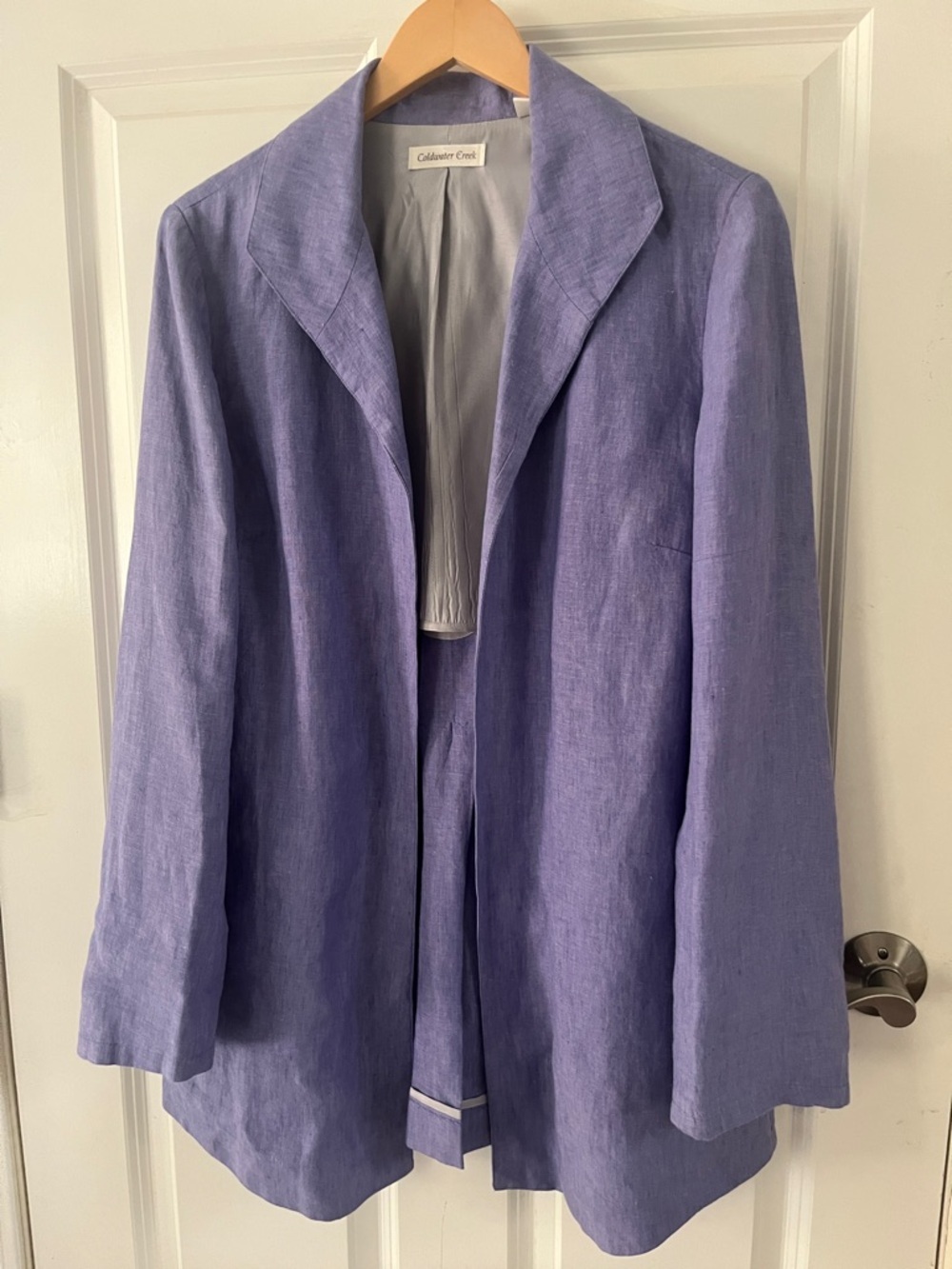 Coldwater Creek 100% linen periwinkle open front oversized ladies blazer size 12